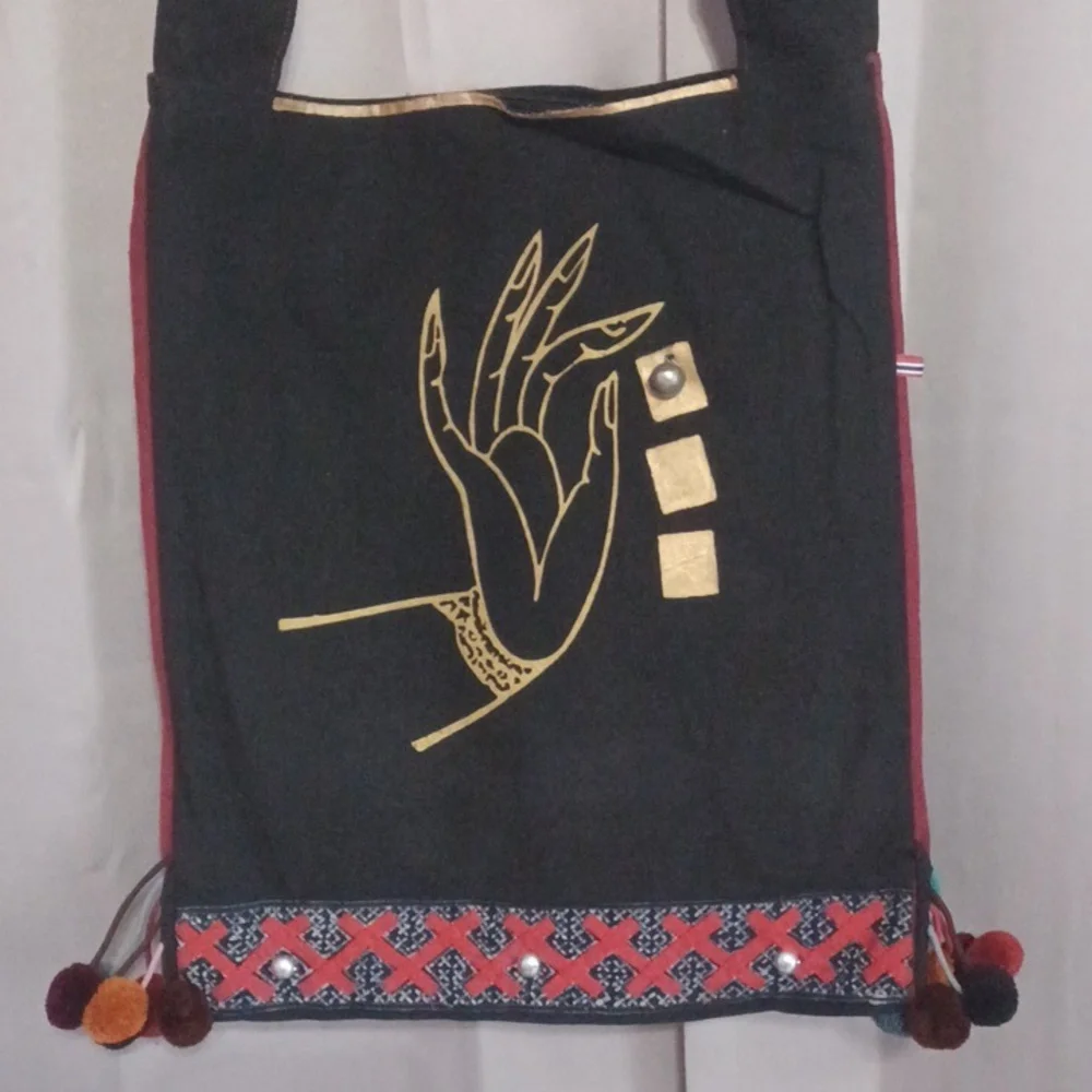 Boho Black Henna Hand Textile Shoulder Bag, Festival, Yoga